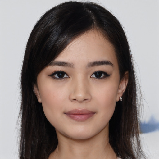 Neutral asian young-adult female with medium  black hair and brown eyes
