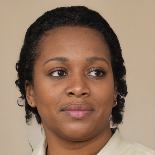 Joyful black young-adult female with medium  brown hair and brown eyes