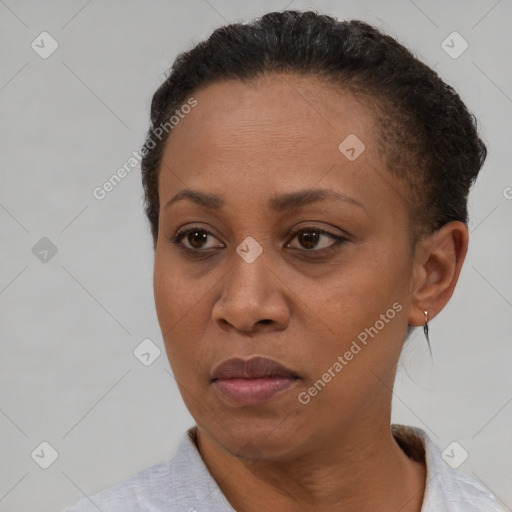 Neutral black adult female with short  brown hair and brown eyes