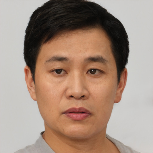 Joyful asian adult male with short  black hair and brown eyes