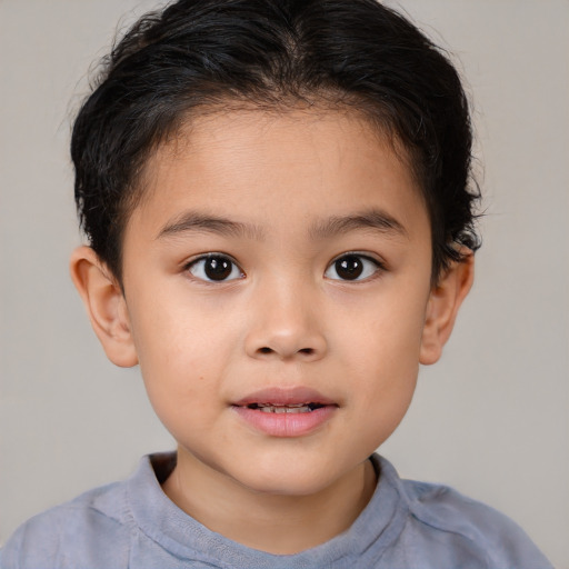 Joyful white child female with short  brown hair and brown eyes