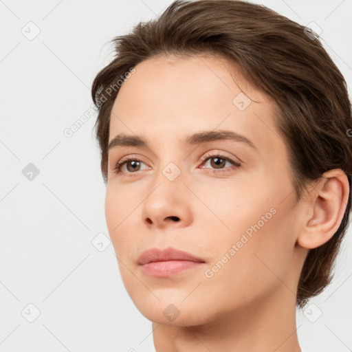 Neutral white young-adult female with short  brown hair and brown eyes