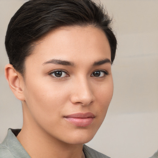 Neutral white young-adult female with short  brown hair and brown eyes