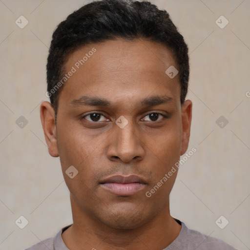 Neutral latino young-adult male with short  black hair and brown eyes