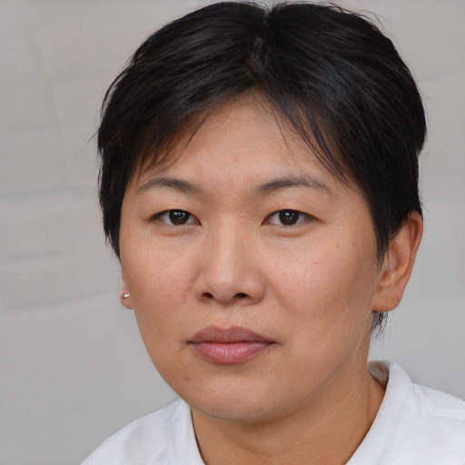 Neutral asian young-adult female with short  brown hair and brown eyes