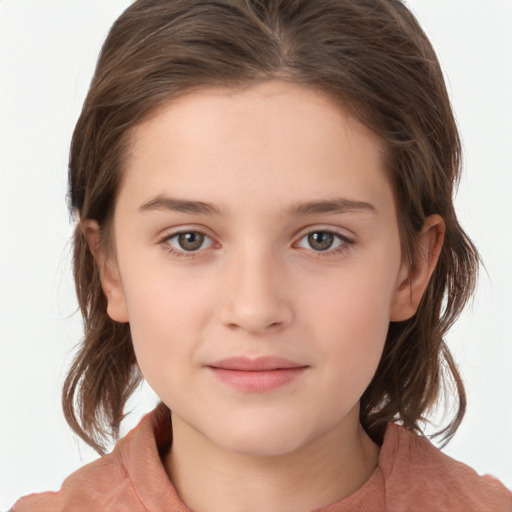 Joyful white child female with medium  brown hair and brown eyes