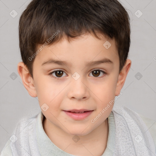 Joyful white child male with short  brown hair and brown eyes