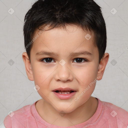 Joyful white child male with short  brown hair and brown eyes