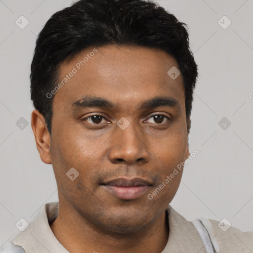Joyful black young-adult male with short  black hair and brown eyes