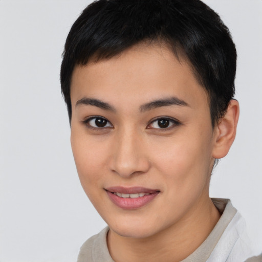 Joyful asian young-adult female with short  brown hair and brown eyes