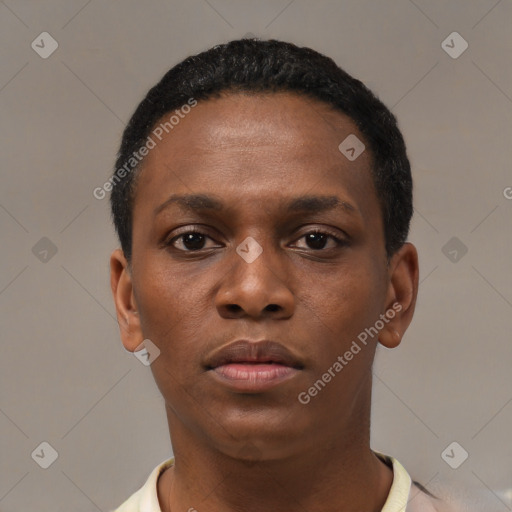 Neutral black young-adult female with short  black hair and brown eyes