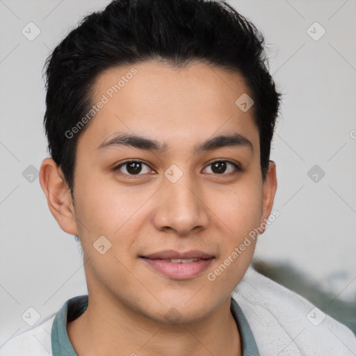 Joyful latino young-adult male with short  brown hair and brown eyes