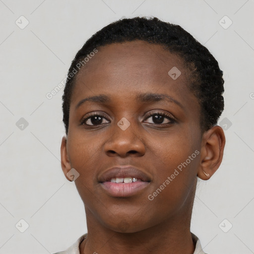 Neutral black young-adult female with short  black hair and brown eyes