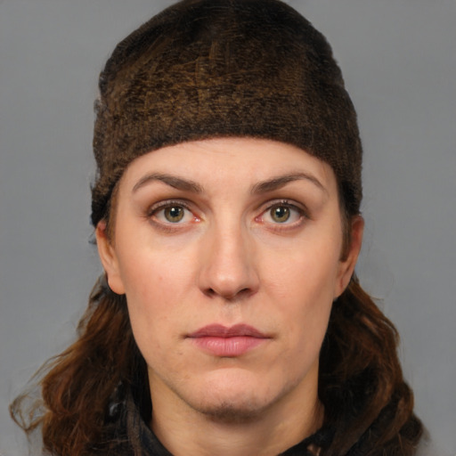 Neutral white young-adult female with medium  brown hair and brown eyes