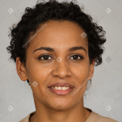 Joyful black adult female with short  brown hair and brown eyes