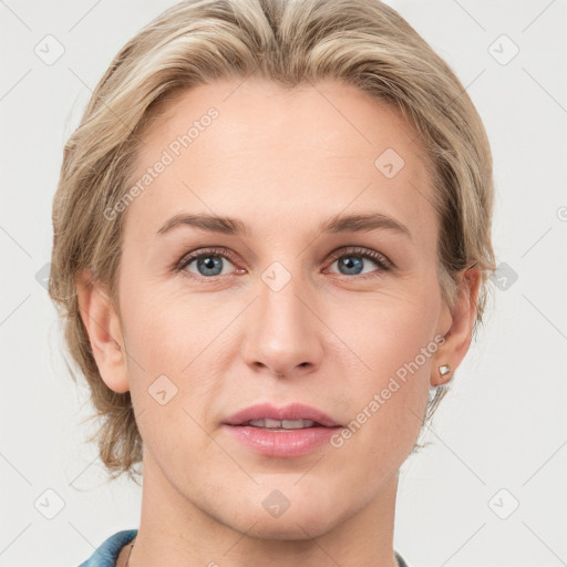 Joyful white young-adult female with medium  brown hair and blue eyes