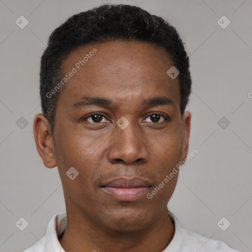 Neutral black adult male with short  black hair and brown eyes