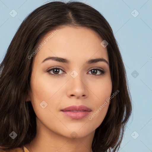 Neutral white young-adult female with long  brown hair and brown eyes