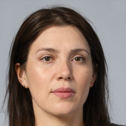 Joyful white adult female with medium  brown hair and grey eyes