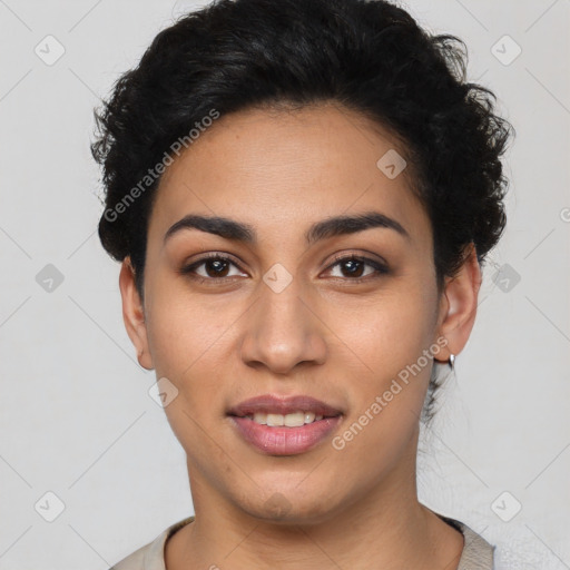 Joyful latino young-adult female with short  brown hair and brown eyes