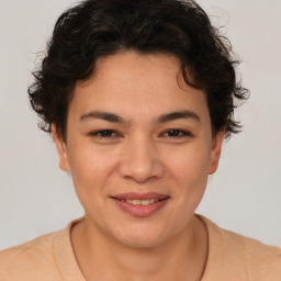 Joyful asian young-adult female with short  brown hair and brown eyes