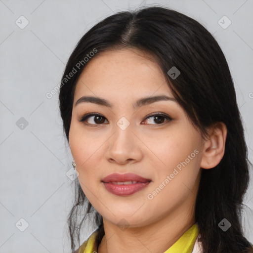 Joyful asian young-adult female with medium  black hair and brown eyes