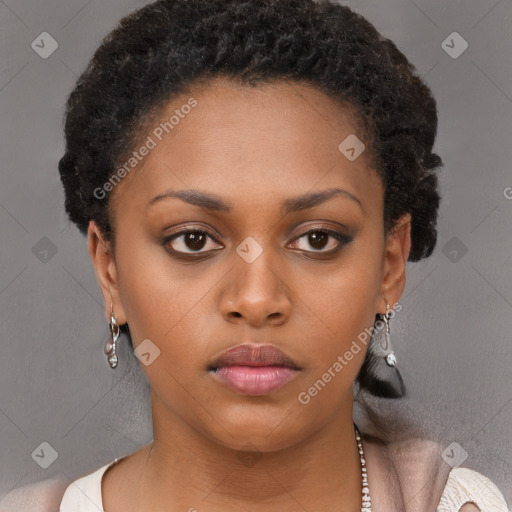 Neutral black young-adult female with short  brown hair and brown eyes