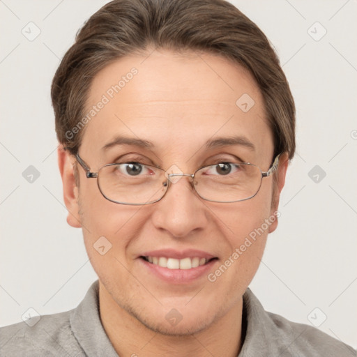 Joyful white adult female with short  brown hair and grey eyes