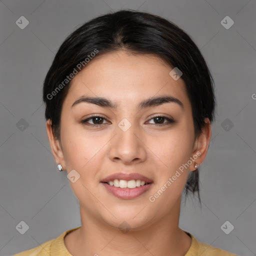 Joyful white young-adult female with medium  brown hair and brown eyes