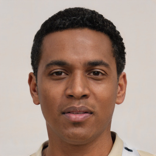 Neutral black young-adult male with short  black hair and brown eyes
