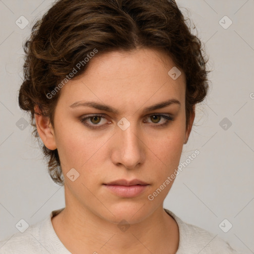 Neutral white young-adult female with short  brown hair and brown eyes