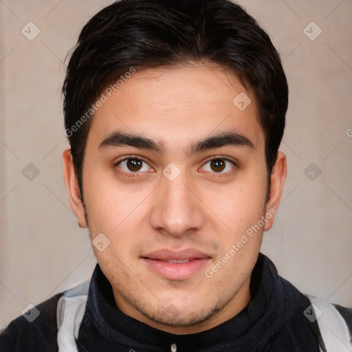 Neutral white young-adult male with short  brown hair and brown eyes