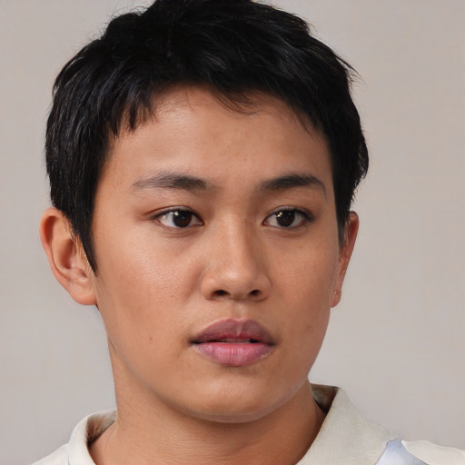 Neutral asian young-adult male with short  brown hair and brown eyes