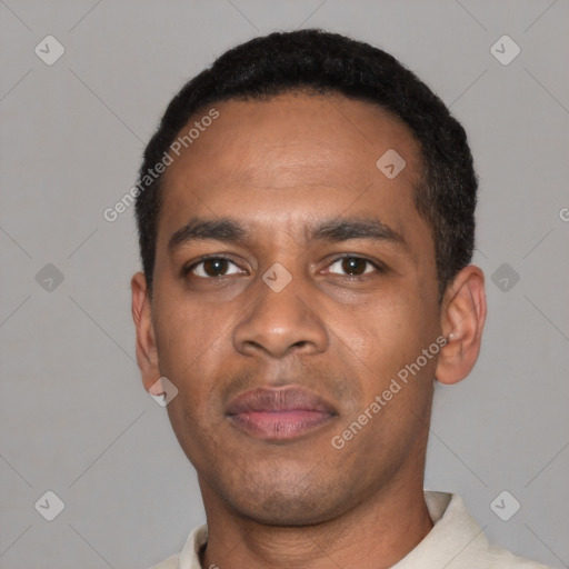 Neutral black young-adult male with short  black hair and brown eyes