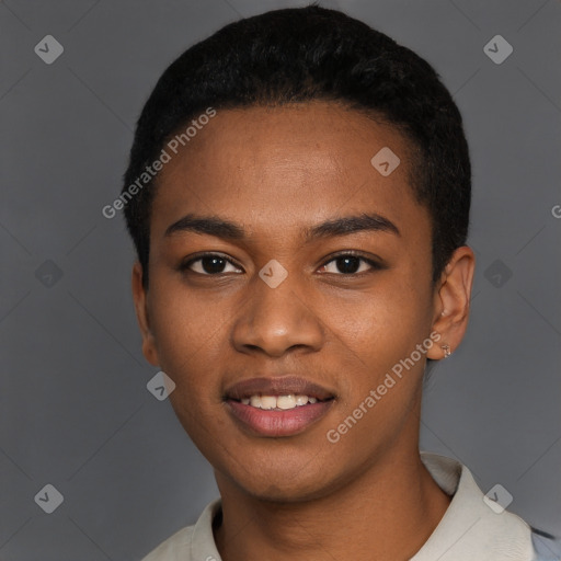 Joyful black young-adult male with short  black hair and brown eyes