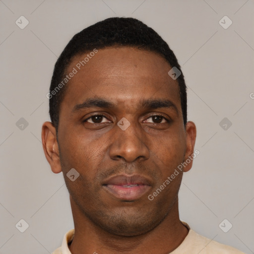 Neutral black young-adult male with short  black hair and brown eyes