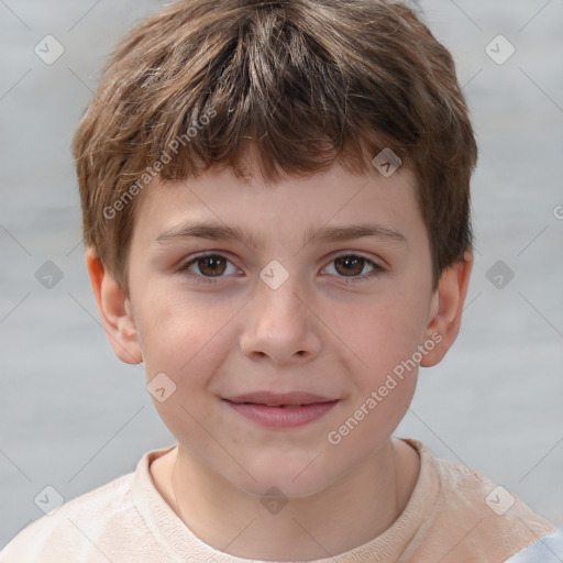 Joyful white child male with short  brown hair and brown eyes