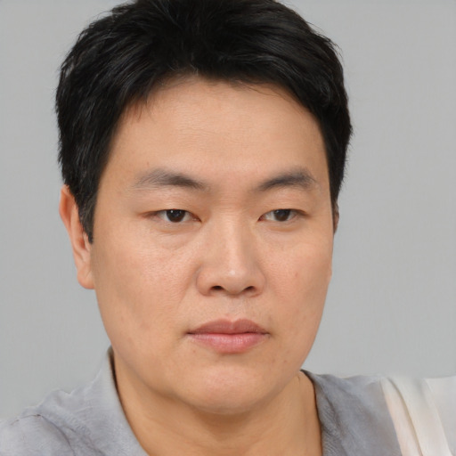 Neutral asian young-adult male with short  brown hair and brown eyes