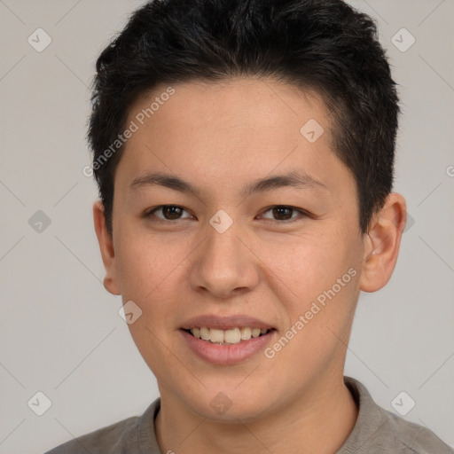 Joyful white young-adult female with short  brown hair and brown eyes