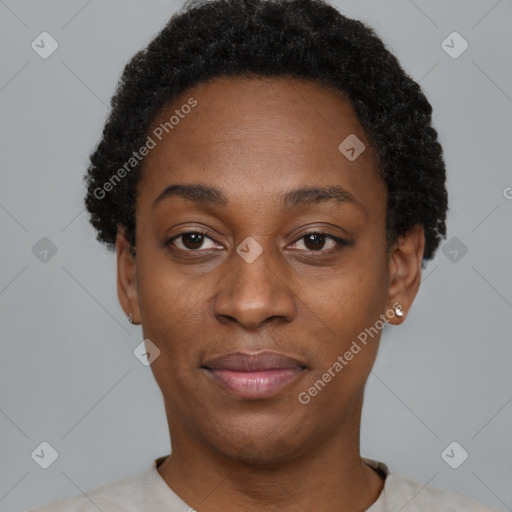 Neutral black young-adult female with short  black hair and brown eyes