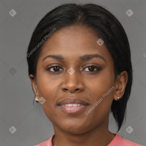 Joyful black young-adult female with medium  brown hair and brown eyes