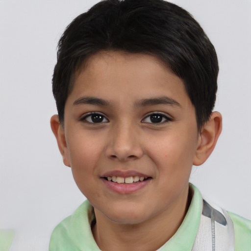 Joyful white child female with short  brown hair and brown eyes