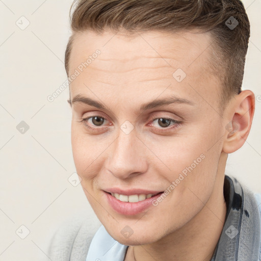 Joyful white young-adult female with short  brown hair and brown eyes