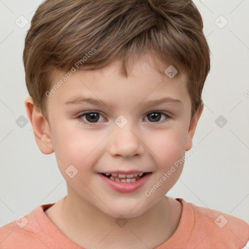 Joyful white child male with short  brown hair and brown eyes