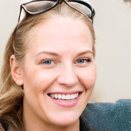 Joyful white young-adult female with medium  brown hair and blue eyes