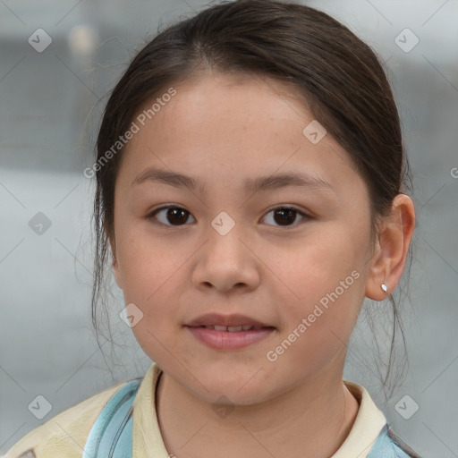 Joyful white child female with medium  brown hair and brown eyes