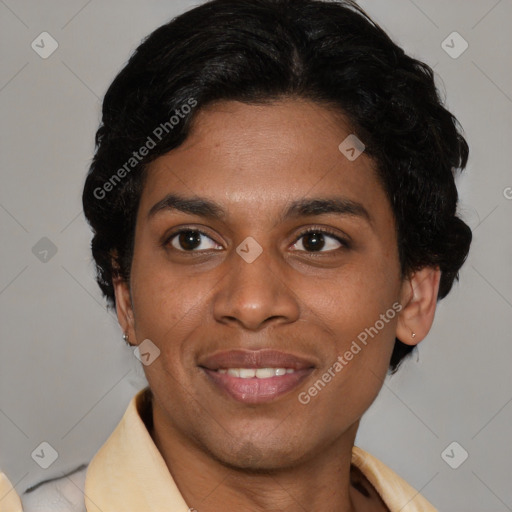 Joyful latino young-adult female with short  brown hair and brown eyes