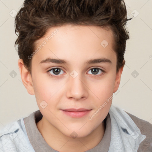 Joyful white child female with short  brown hair and brown eyes