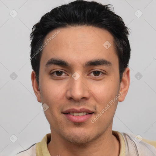 Joyful white young-adult male with short  black hair and brown eyes