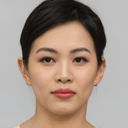 Neutral asian young-adult female with short  black hair and brown eyes